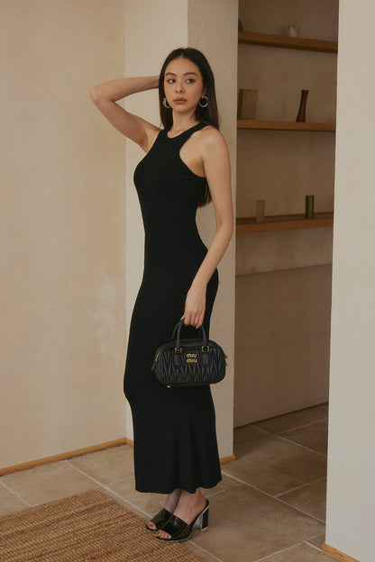 ELEGANT RIB KNIT HALTER MAXI BRA DRESS