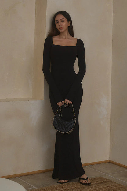 ELEGANT RIB-KNIT LONG SLEEVE MAXI BRA DRESS