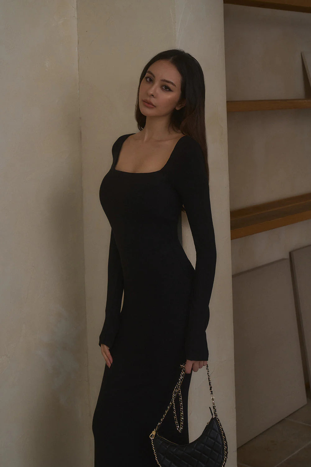 ELEGANT RIB-KNIT LONG SLEEVE MAXI BRA DRESS